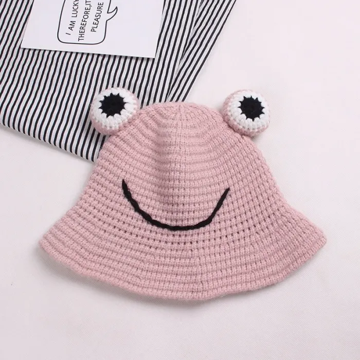 Warm knitted hat - bucket style - with toad's eyes