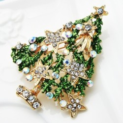 Green Christmas tree with crystals / stars - luxurious brooch