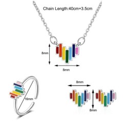 Rainbow jewellery set - heart shaped - necklace / earrings / ring - 925 sterling silver