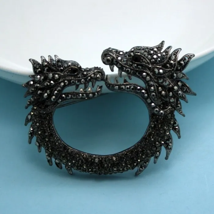 Double headed crystal dragon - vintage brooch