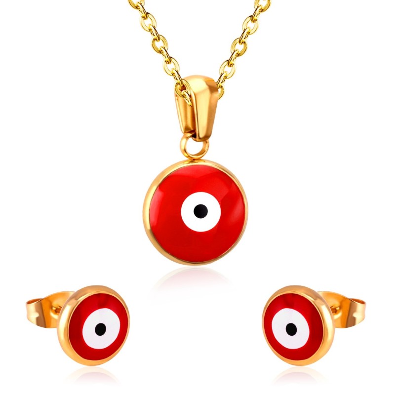 Classic jewellery set - necklace / earrings - with blue / red eye pendant - stainless steelJewellery Sets