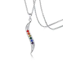 Pendentif fin en forme de vague - avec pierres arc-en-ciel - collier en acier inoxydable