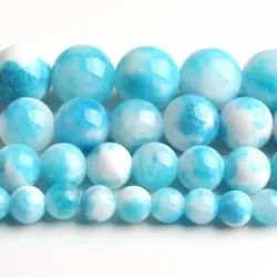 Pierre naturelle - jade bleu/blanc - perles rondes en vrac - pour la confection de bijoux