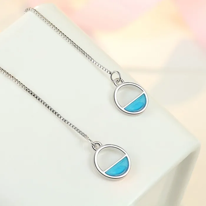 Boucles d'oreilles élégantes avec longue chaîne / pendentif rond - argent sterling 925