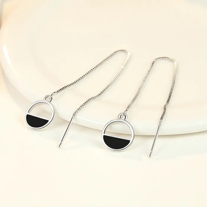 Boucles d'oreilles élégantes avec longue chaîne / pendentif rond - argent sterling 925