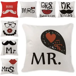 Housse de coussin déco - lin - imprimé Mr / Mme - 45 * 45cm