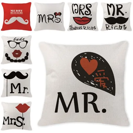 Housse de coussin déco - lin - imprimé Mr / Mme - 45 * 45cm