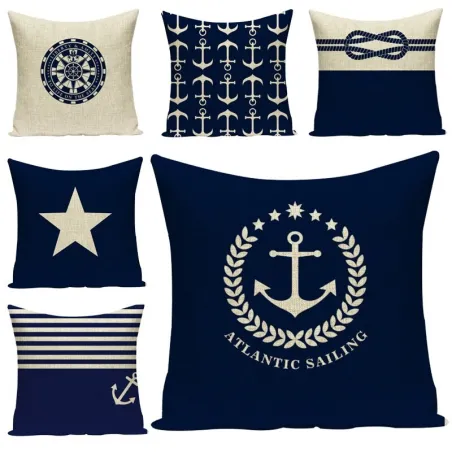 Housse de coussin décorative - lin - motif ancre marine / rayures / mosaïque - 45 * 45cm