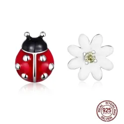 Boucles d'oreilles avec coccinelle rouge / marguerite blanche - argent 925