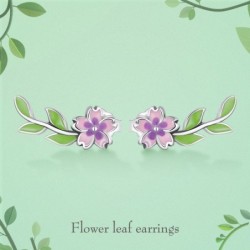 Fleur rose-violet/feuille verte - boucles d'oreilles élégantes - argent sterling 925