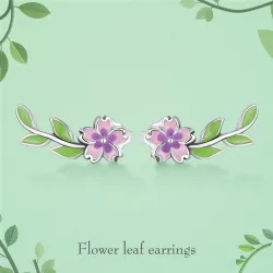 Fleur rose-violet/feuille verte - boucles d'oreilles élégantes - argent sterling 925