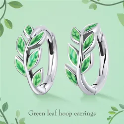 Boucles d'oreilles créoles avec feuilles vertes - Argent 925