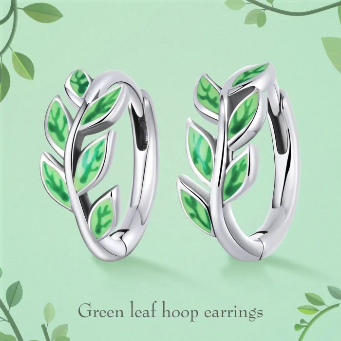 Hoop earrings with green leaves - 925 sterling silverEarrings