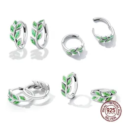 Boucles d'oreilles créoles avec feuilles vertes - Argent 925