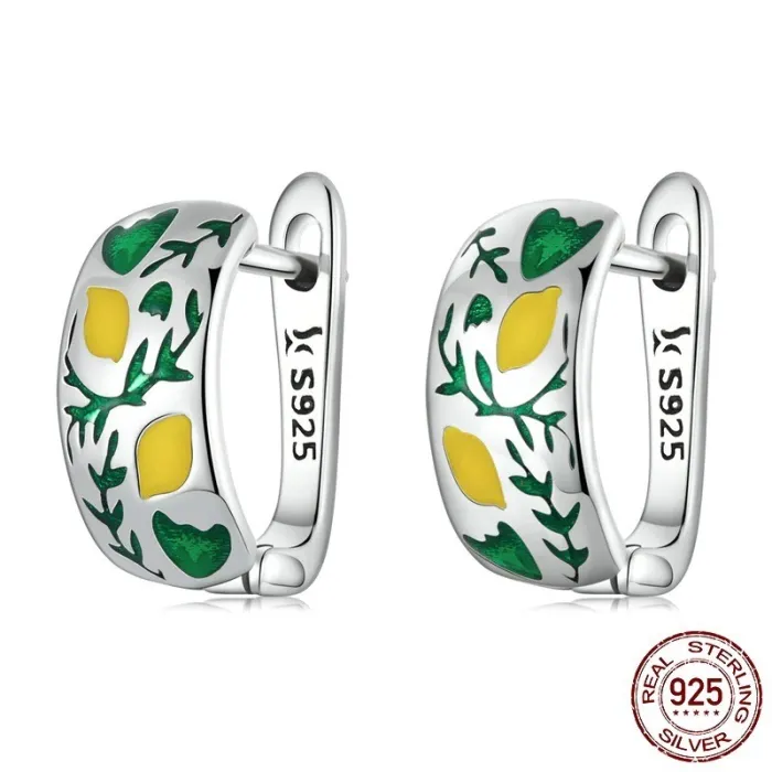 Citron naturel frais / feuilles - boucles d'oreilles clous - argent sterling 925
