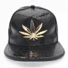 Baseball cap - leather snapback - with metal leaf - hip hop styleHats & Caps