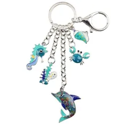 Animaux de l'océan en émail - dauphin / crabe / hippocampe - porte-clés