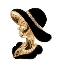 Broche en or à la mode - femme avec chapeau noir avec perles / cristaux