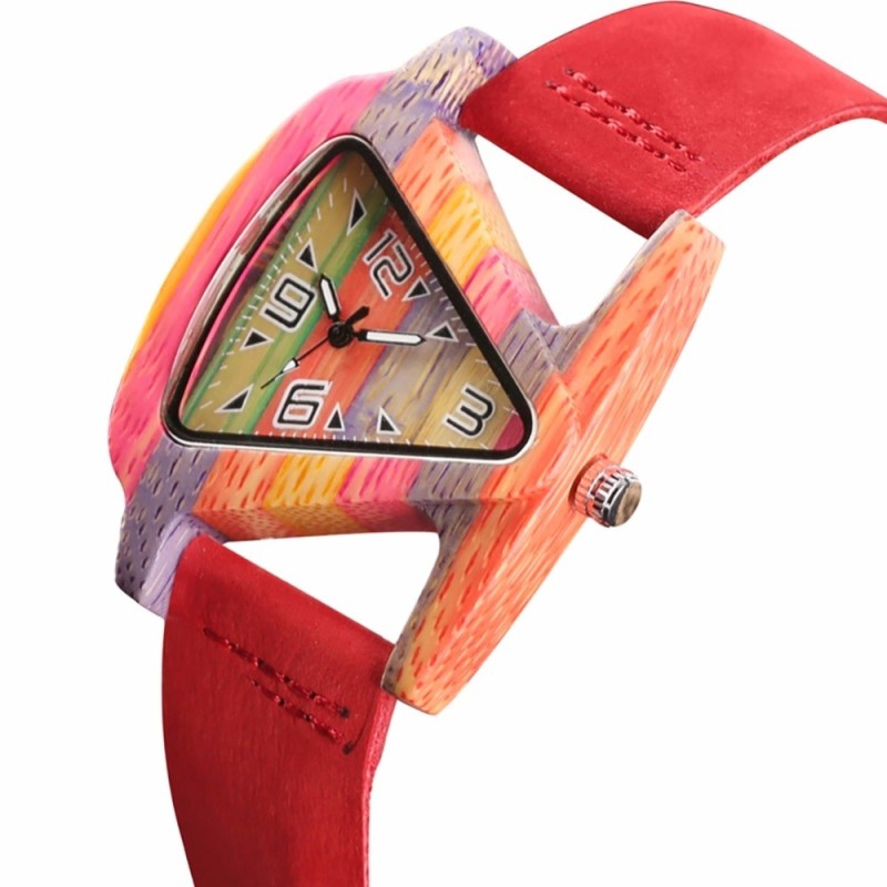 Montre tendance en bois - forme triangle colorée - bracelet cuir