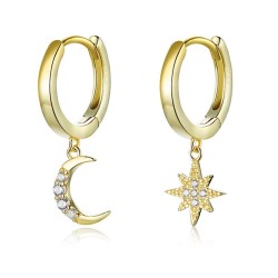 Boucles d'oreilles rondes en or à la mode - lune / étoile - argent sterling 925