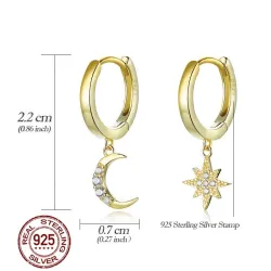 Boucles d'oreilles rondes en or à la mode - lune / étoile - argent sterling 925