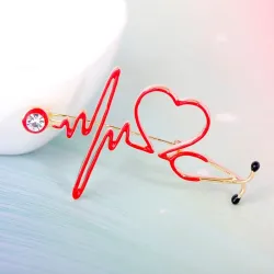 Broche médicale - électrocardiogramme / stéthoscope / coeur - avec cristal
