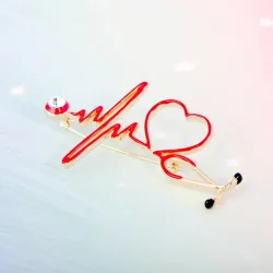 Broche médicale - électrocardiogramme / stéthoscope / coeur - avec cristal
