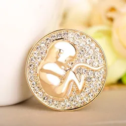 Broche de sage-femme ronde - avec cristaux - en forme de pièce - bébé à naître