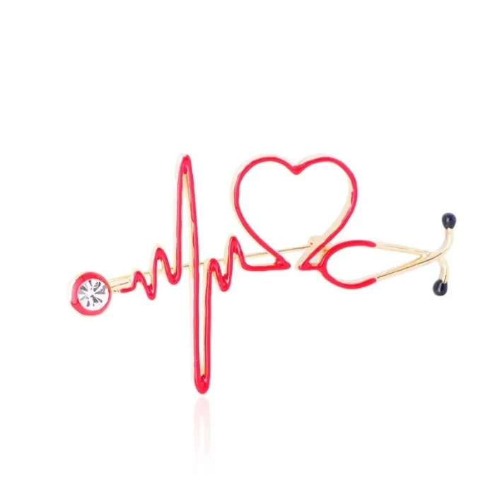 Broche médicale - électrocardiogramme / stéthoscope / coeur - avec cristal