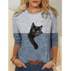 T-shirt classique à manches longues - double couleur - imprimé chat 3D
