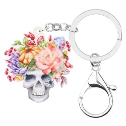 Crâne d'Halloween en acrylique avec fleurs - porte-clés