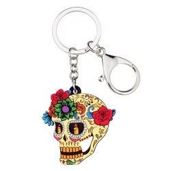 Tête de mort en acrylique avec fleurs - porte-clés