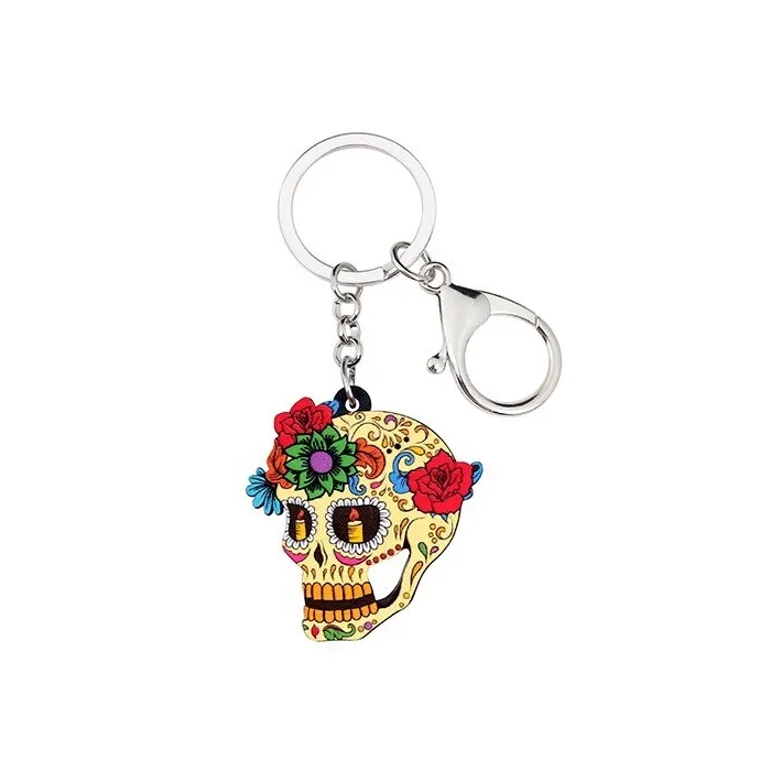 Tête de mort en acrylique avec fleurs - porte-clés
