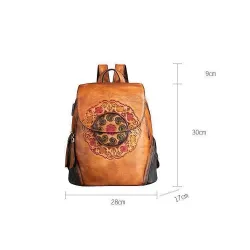 Sac à dos rétro pour femme - gaufrage floral - cuir véritable - grande capacité