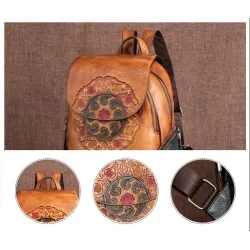 Sac à dos rétro pour femme - gaufrage floral - cuir véritable - grande capacité