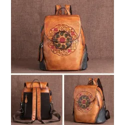 Sac à dos rétro pour femme - gaufrage floral - cuir véritable - grande capacité