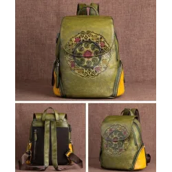 Women's retro backpack - floral embossing - genuine leather - large capacityBackpacks
