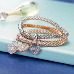 Elegant three-piece bracelet - with crystal hearts - silver - gold - rose goldBracelets