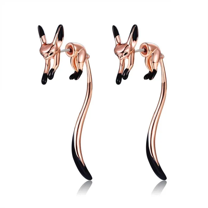 Boucles d'oreilles pendantes élégantes - petit renard - émail noir - argent - or - or rose