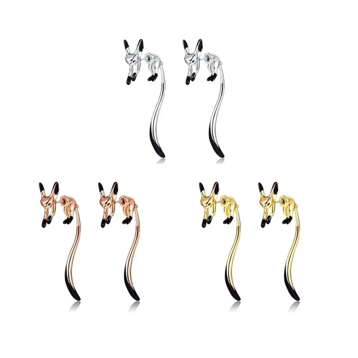 Boucles d'oreilles pendantes élégantes - petit renard - émail noir - argent - or - or rose