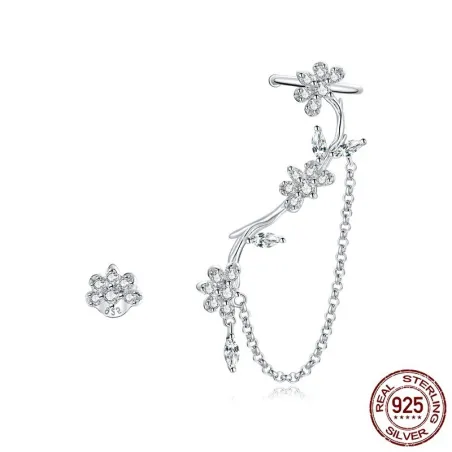 Boucles d'oreilles puces florales - asymétriques - avec chaîne / cristaux - argent sterling 925