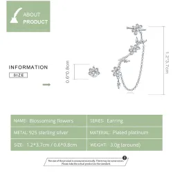 Boucles d'oreilles puces florales - asymétriques - avec chaîne / cristaux - argent sterling 925