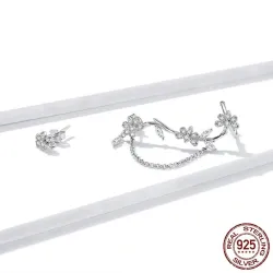 Floral stud earrings - asymmetric - with chain / crystals - 925 sterling silverEarrings