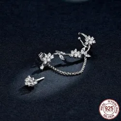 Boucles d'oreilles puces florales - asymétriques - avec chaîne / cristaux - argent sterling 925