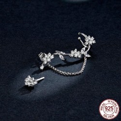 Floral stud earrings - asymmetric - with chain / crystals - 925 sterling silverEarrings