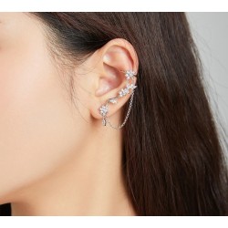 Floral stud earrings - asymmetric - with chain / crystals - 925 sterling silverEarrings