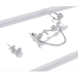 Floral stud earrings - asymmetric - with chain / crystals - 925 sterling silverEarrings