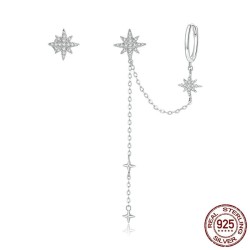 Boucles d'oreilles pendantes élégantes avec étoiles - asymétriques - avec chaîne / cristaux - argent sterling 925