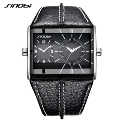 SINOBI - montre à quartz à la mode pour hommes - double fuseau horaire multiple - bracelet en cuir