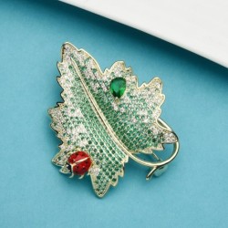Luxurious crystal brooch - red beetle / green leafBrooches